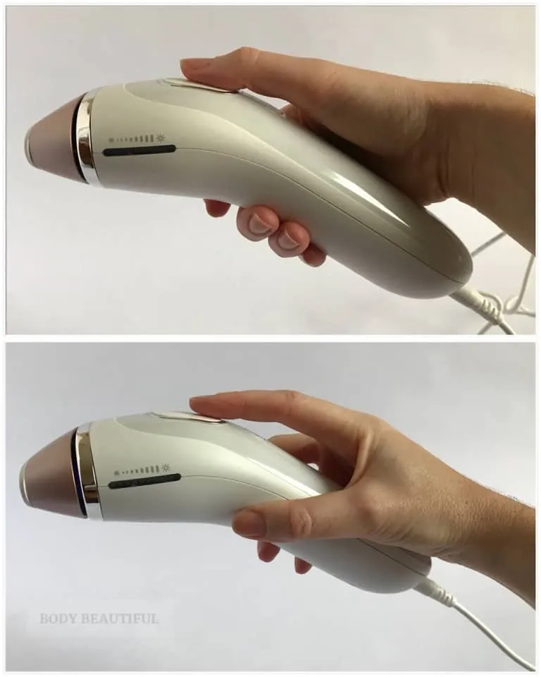 2 photos of a hand holding the Braun IPL device demonstrating the 2 grips.