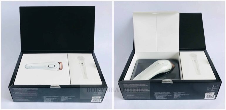 2 photos, the first of the 2 smaller white boxes with clean images of their contents, inside the main black packaging box. The second image shows the lid opened on the Braun IPL white box with the IPL device inside protective, clear-moulded plastic