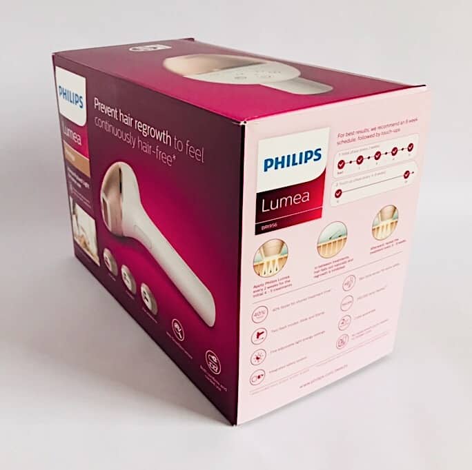 Side view of the Philips Lumea Prestige BRI956 box showing the recommended schedule, how IPL works and the key features of the device