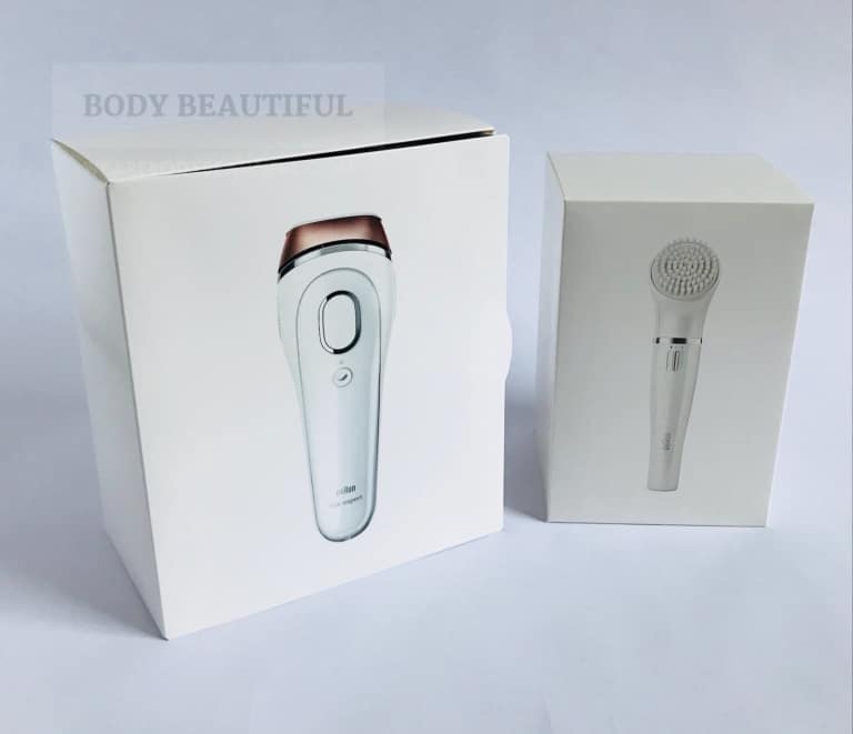 The Braun Silk expert IPL and the Braun facial brush are housed in separate small white cardboard boxes.