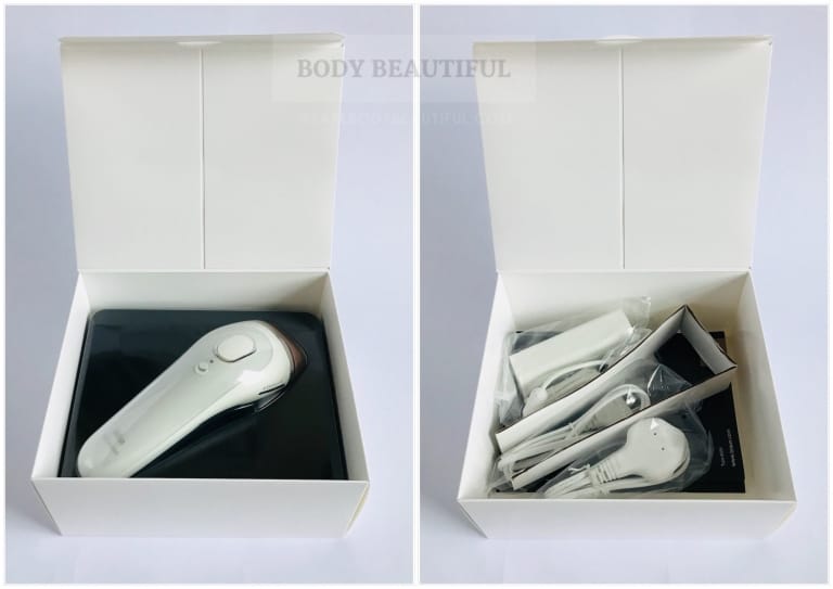 Photo of the Braun IPL in the white box, with a second photo showing the content once the IPL device is removed.