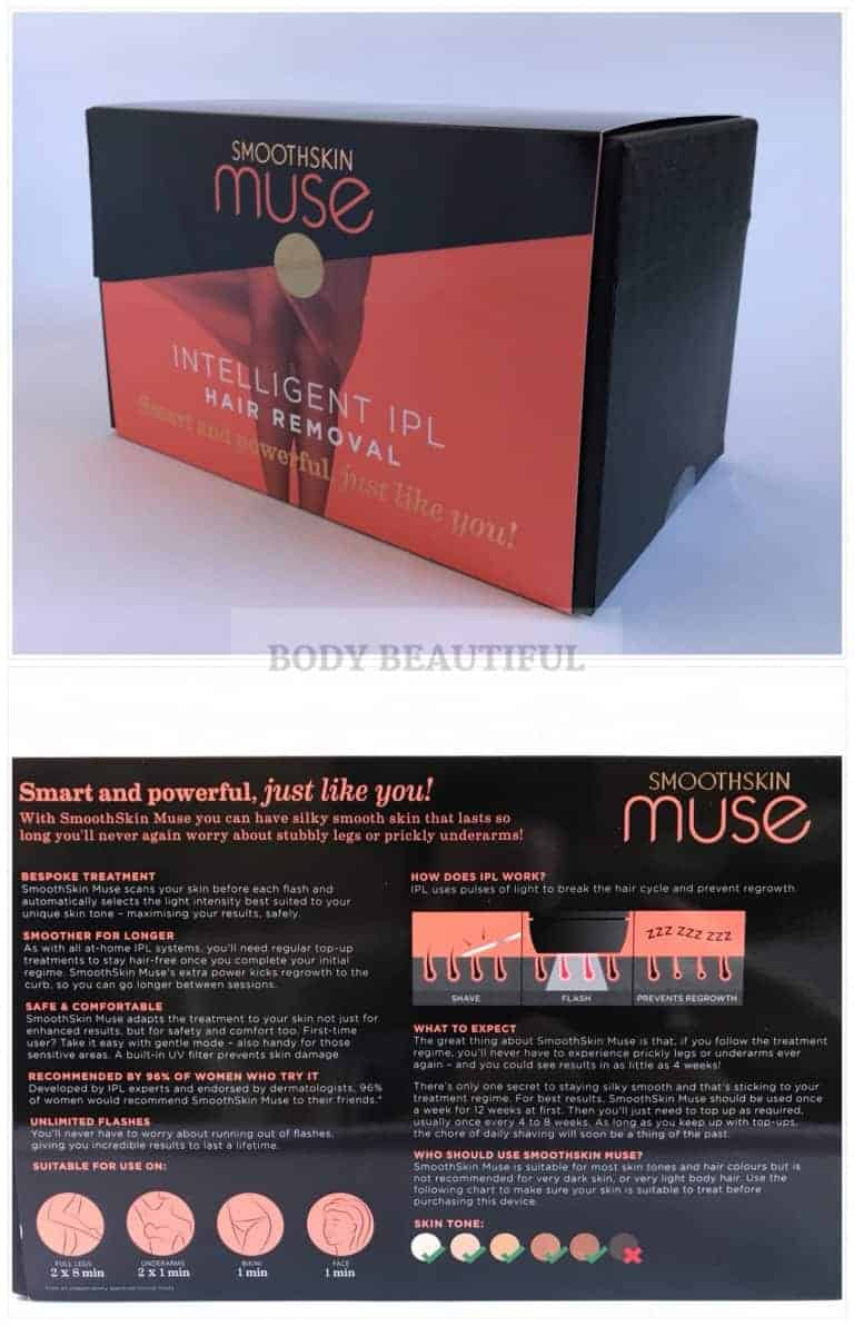 2 photos of the Smoothskin Muse packaging: angled view of the the black and orange box, and close-up of the key information printed on the back