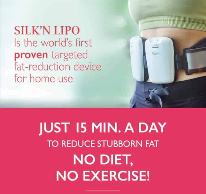 Graphic from Silk'n stating "Silk'n Lipo is the world's first proven targeted fat-reduction device for home use.Just 15 min. a day to reduce stubborn fat. Nodiet, No exercise!"