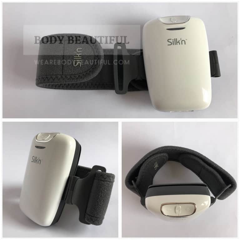 3 photos at various angles of the arm belt attached to a single laser pad.