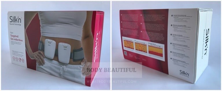 Angled view of the front and back of the attractive, bright red, pink and white Silk'n Lipo fat reduction machine box