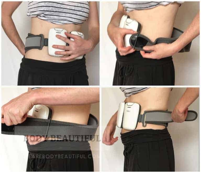 4 photos showing how to put on the waist belt with the laser pads connected.