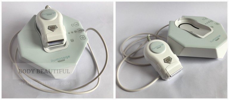 2 photos of the white and pastel blue Iluminage Touch. It's a compact base unit with hand held applicator attached on a flexible cord. The applicator sits in a cradle ontop of the base unit when not in use.