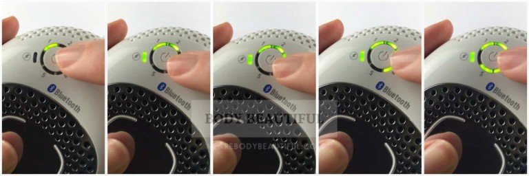 5 close up photos of a finger pressing the power button to select each intensity level in turn.
