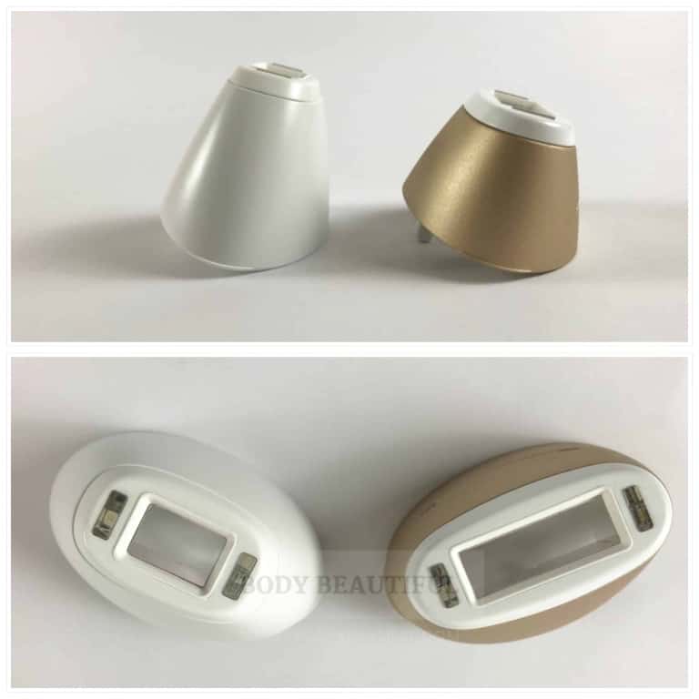 Photos of the 2 flash windows with the Braun silk Expert Pro 5 IPL. the smaller white precision attachment and the larger gold body attachment.