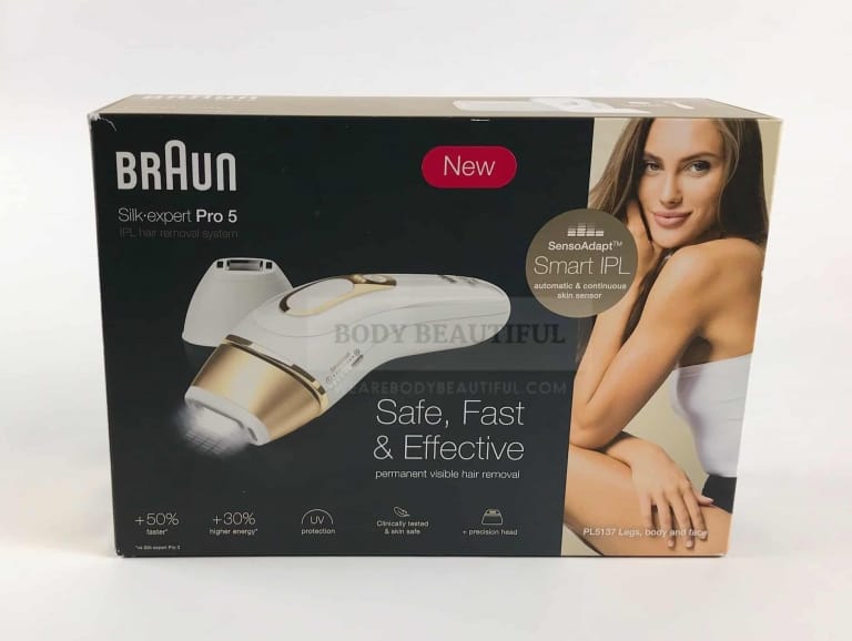 Photo of the box front of the Braun Silk expert Pro 5 IPL. It notes it's for "Safe, Fast & Effective permanent visible hair removal".