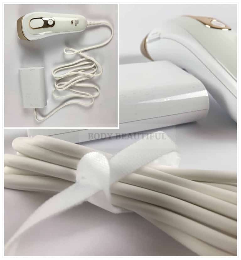 2 photos of the braun Pro IPL showing the long fixed-power cable and base power pack, and a close up of the supple cord secured in a Velcro tie. 