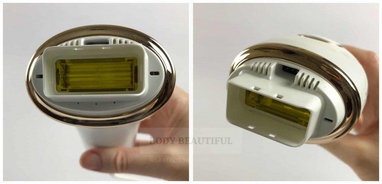 2 close up photos of the Braun IPL device without attachments in place.