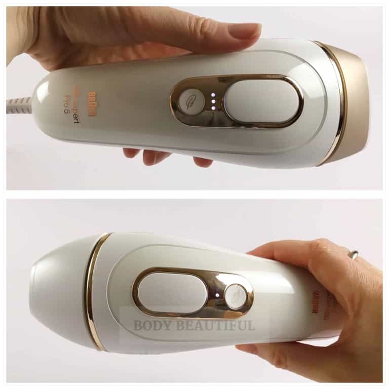 A photo of the Braun IPL with body attachment showing a slight taper down to the larger flash window. A second photo with the precision attachment showing a curvier taper down to the small flash window.