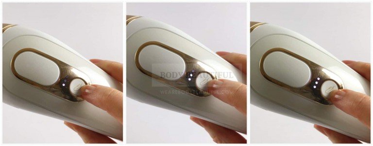 3 photos showing a finger pressing the 'feather' mode mode to cycle through extra gentle (1 light), gentle (2 lights) and standard mode (3 lights)
