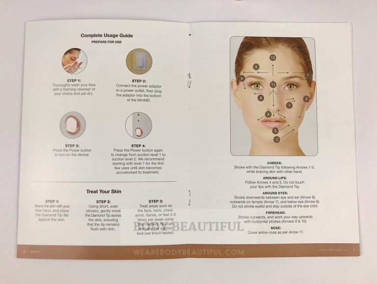 The user guide open at the how to use page with a diagram of how to move the MiniMD around your face.