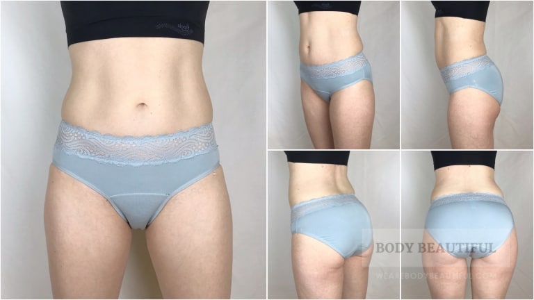 Photos of different angles wearing the sensual hi waist bikini in blue size Extra Small