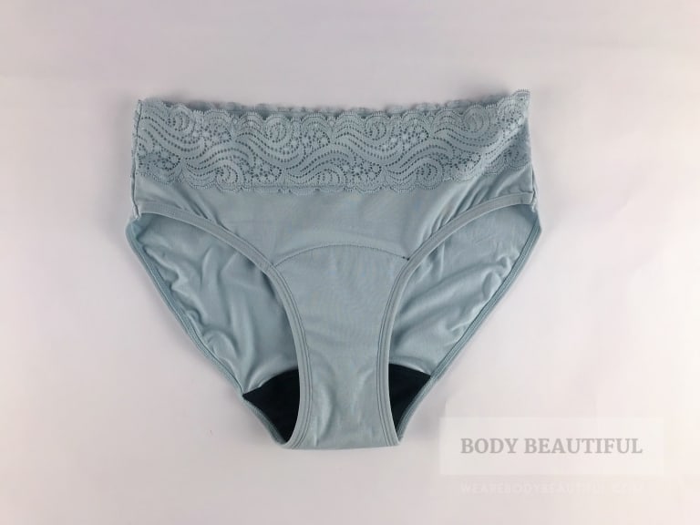Photo of the sensual hi-waist bikini brief with lace trim in blue from Modibodi