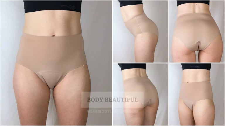 Photos of different angles wearing the seam free full briefs in tan size Small