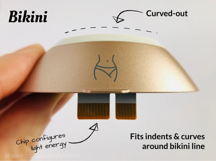 The Philips Lumea Prestige bikini attachment is gently curved outwards and closely fits the contours around your bikini line for easier flashes versus flat flash windows. The chip in the bottom of the window inserts inside the device and configures the light energy for the stubborn hair in this bikini area.