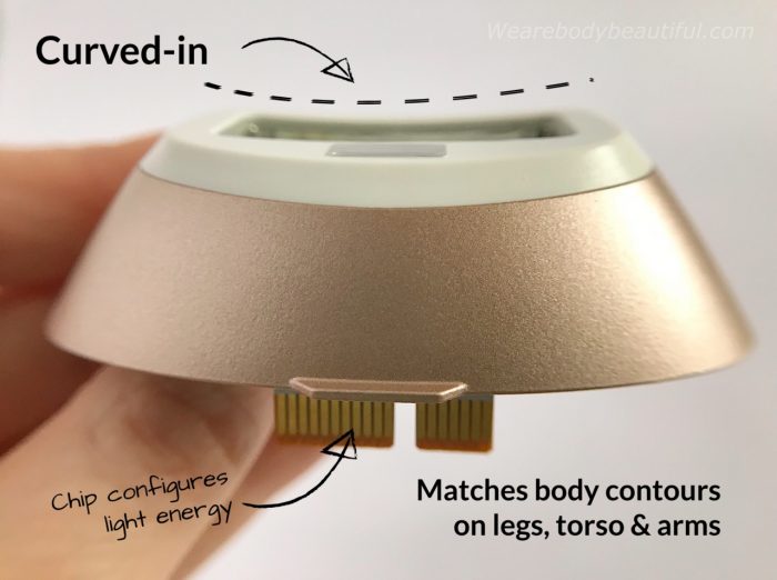 The Philips Lumea Prestige body attachment is gently curved inwards, and this fits snug against the contours of legs, torso and arms to give closer contact and easier flashes versus flat flash windows. The chip in the bottom of the window inserts inside the device and configures the light energy for hair in these body areas.