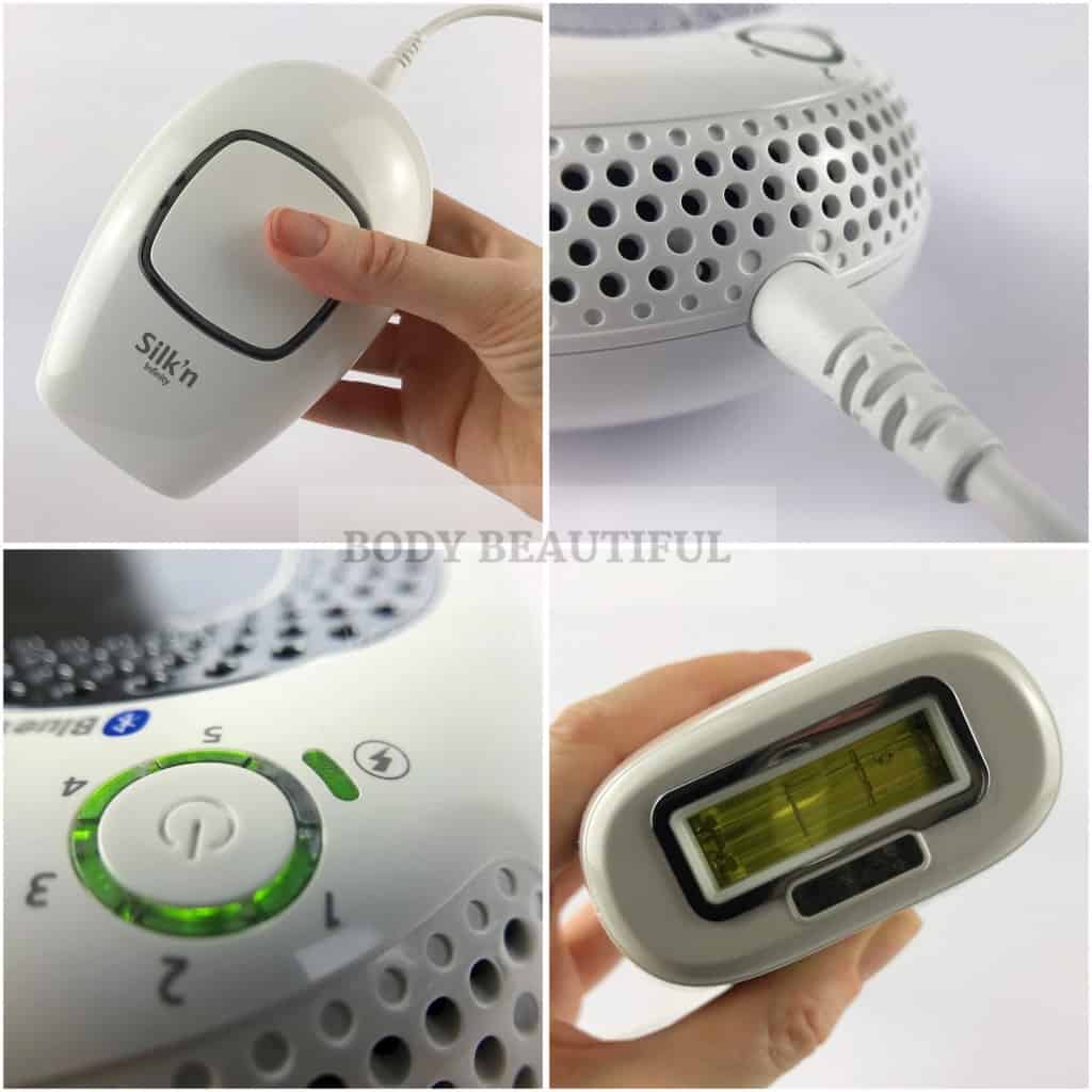 Close ip shots on the Silk'n Infinity at-home IPL device showing the neat design, power cable, flash window and power intensity select button.