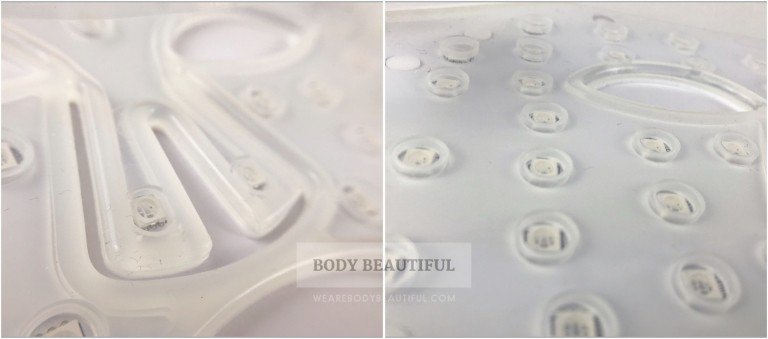 Close-up photos of the LED lights under the clear siliconelayer of the 
CurrentBody.com Skin LED light therapy mask.