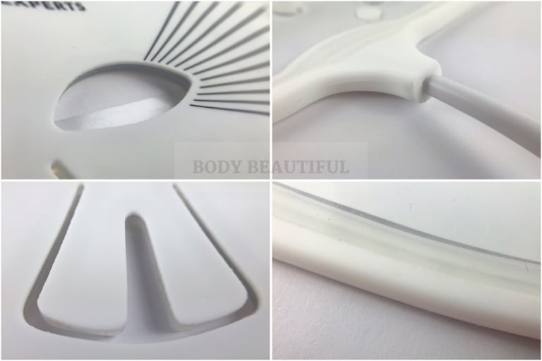 Close-up photos of the quality edging around the white silicone 
CurrentBody.com Skin LED light therapy mask