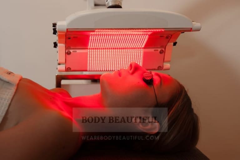 Lady lying down with bright red and near infrared LED panels shining on her face.