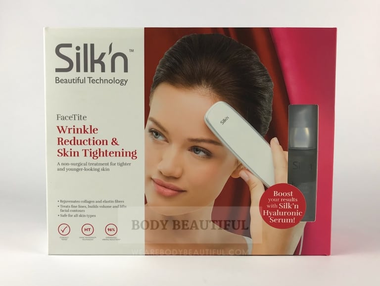 Front on photo of the Silk'n FaceTite  showing the bottle of Hyaluronic Serum