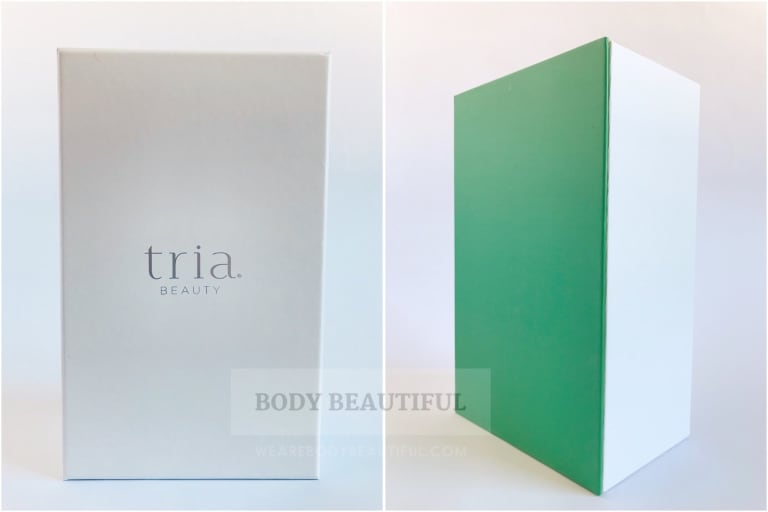 photos of the inner white lidded and green base box with a silver 'Tria' logo on the lid.