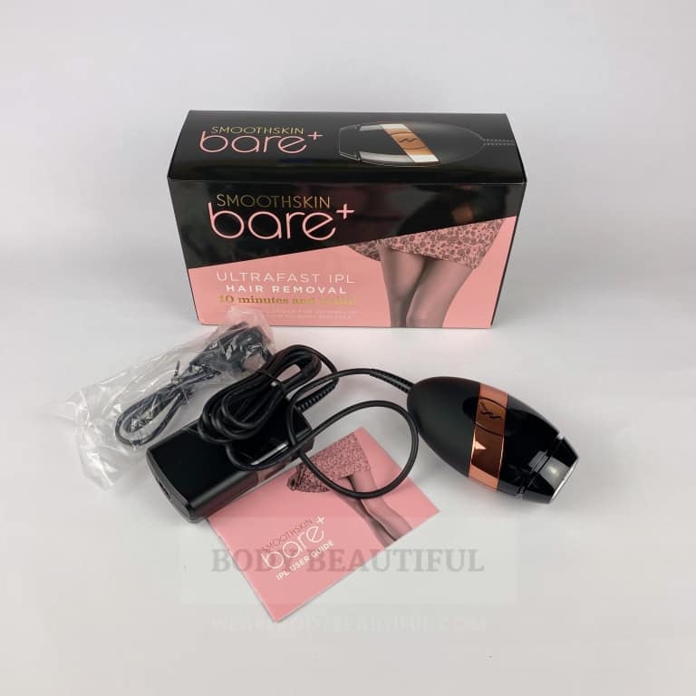 The contents of the cute Bare+ packaning presented in front of the box.