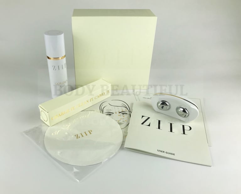 The contents of the ZIIP box: 
ZIIP Beauty Nano Device,
80ml Gel Pump Bottle,
Charger (USB Cable & US Wall Charger),
Padded Bubblewrap,
Travel Bag,
Cleaning Cloth,
User Guide,
Preloaded routine illustrated Instructions