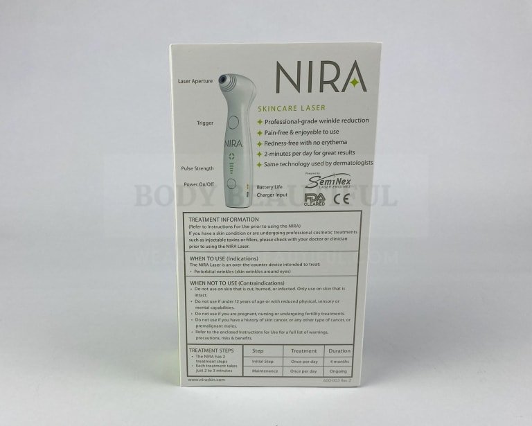 The onformation on the back of the NIRA Skincare laser box