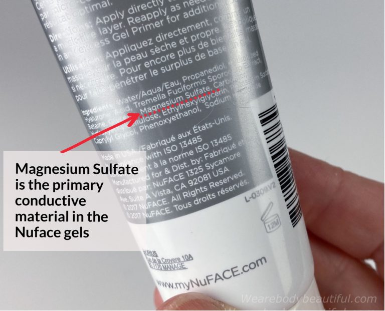The conductive material in Nuface primers and activators is Magnesium Sulfate (amongst other ionic substances too)