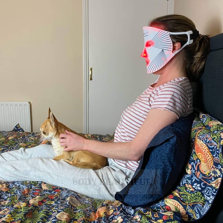Wearing the hands-free CurrentBody Skin LED mask