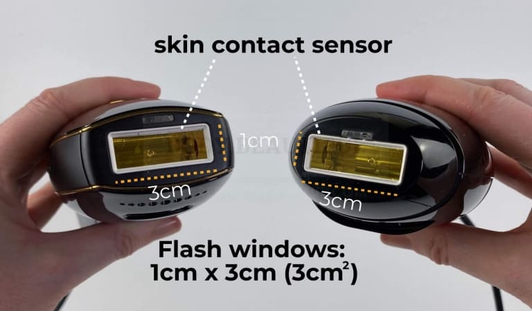 Photo of the Pure and Bare+ labelled with the white skin contact sensors around the flash window and the size of the flash window