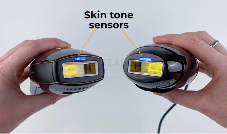Pure & Bare+ treatment heads labelled wih the illuminated blue skin tone sensors