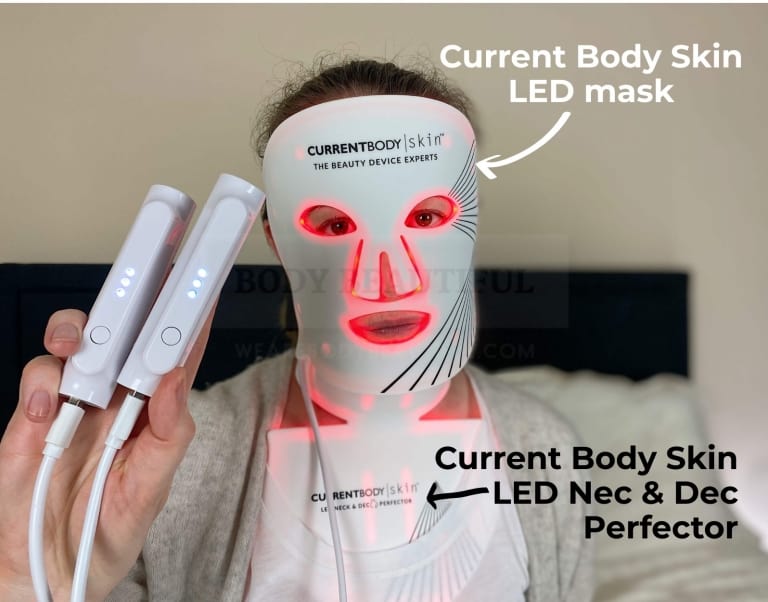 It's me! wearing the CurrentBody Skin LED face mask and Nec & Dec Perfector for this CurrentBody Skin Light Therapy Mask review