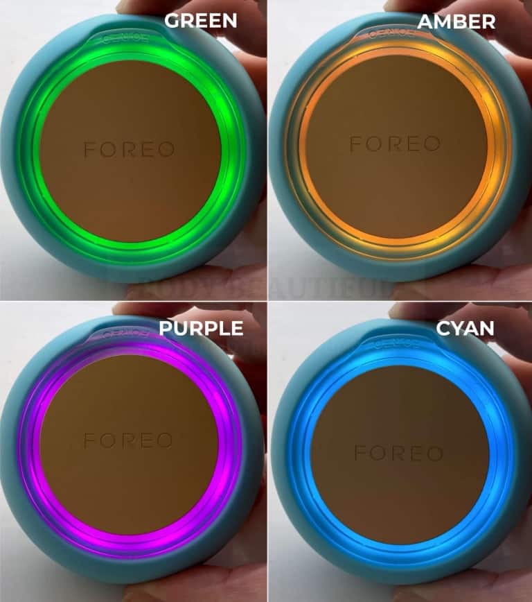 Green, amber, purple and cyan ring lights on the Foreo UFO 2