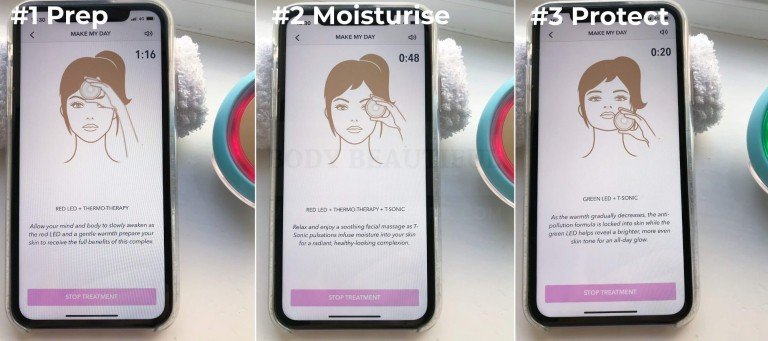 Each routine is divided into up to 3 sections, each with a different combination of LED light, heat, colling and T-sonic pulsations. This photo shows the 3 stages of the App routine screen for Make My day mask.