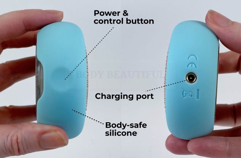 Simple & waterproof design with power button on the side and opposite the charging port