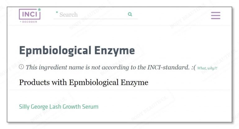 incidecoder page showing EPMbiological enzyme is not an INCI standard name