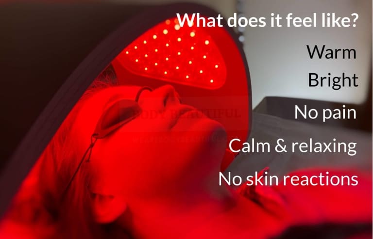 A Flex MD LED sessions feel warm, bright, there's no pain, it's calm and relaxing, and there are no skin reactions! Yay! 