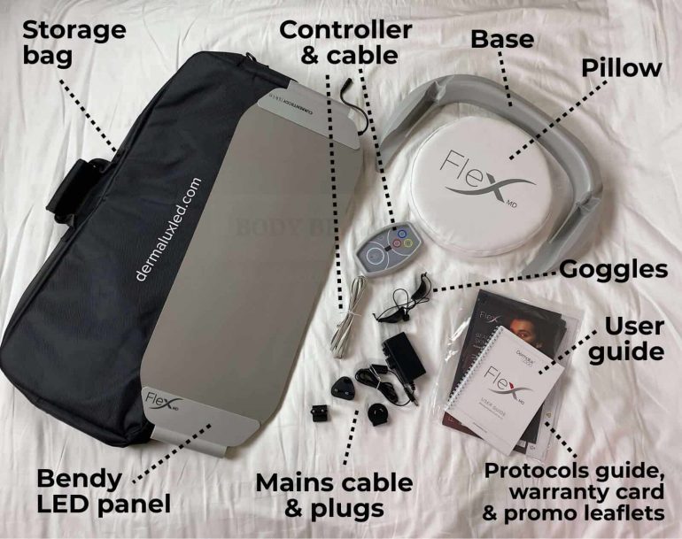 The contents of the flex MD box al labelled: Storage bag, Bendy LED panel, Mains cable and x3 plugs, Controller & cable, Base, pillow, goggles, user guide, protocols guide, warranty card and promo leaflets