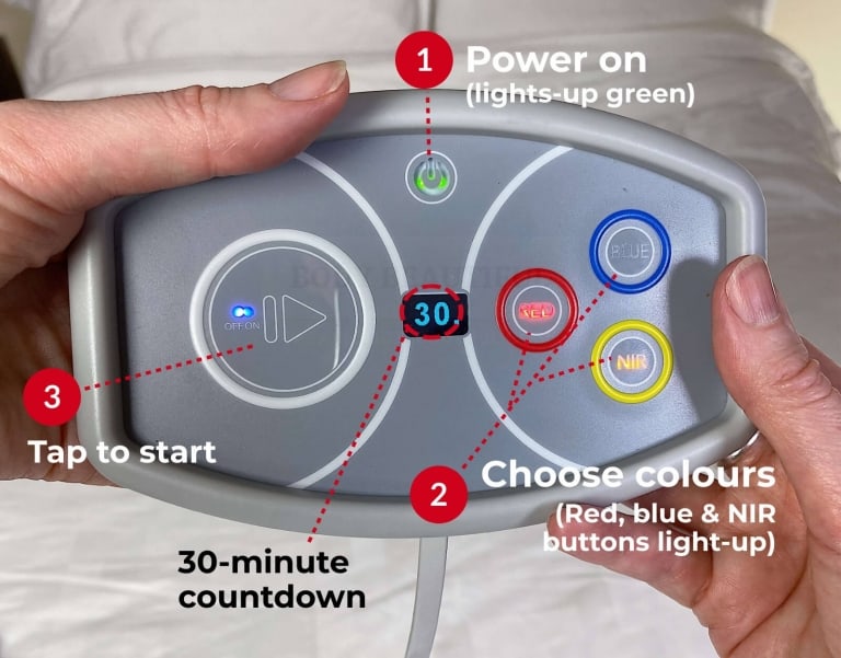 How to use the Flex MD controller: 1) tap the power button so it lights up green, 2) gently tap each of the LED colours you want to use in your treatment, 3) Then tap the ‘play’ button to start your session!