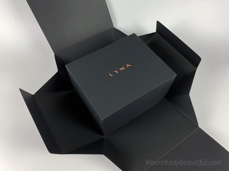 The understated LYMA laser box is matt-black with rose gold LYMA lettering. The box has a tactile feel, a little like a fine coating of silicone. 
