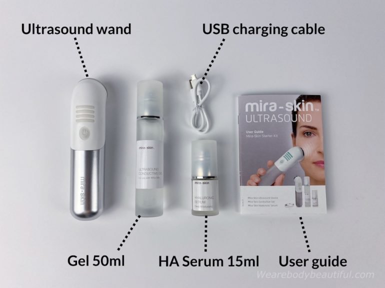 The contents of the Mira-skin ultrasound and Hyaluron kit are ✔️ Mira-Skin Ultrasound ActiveBoost wand, ✔️  Mira-Skin Ultrasound Conductive Gel (50ml), ✔️ Mira-Skin Hyaluronic Serum (15ml), ✔️ USB-Charging Cable, ✔️ User Guide