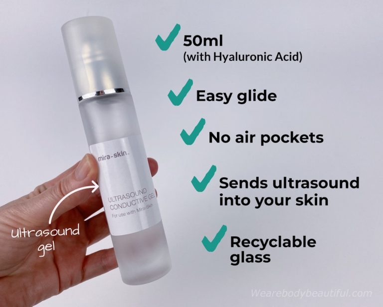 The Mira-skin kit comes with a recyclable 50ml glass bottle of coupling gel. It's easy glide, means no air pockets, so it sends the ultrasound iwaves nto your skin to open pathways. The gel has more Hyaluronic Acid to moisturise your skin layers.