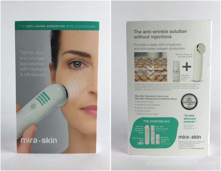 Front and back views of the Mira-skin box with  the infromation sleeve. 