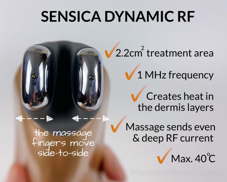 The massage fingers on the Sensilift move from side to side to treat an area of 2.2cm2 with 1 MHz radio frquency current. This current and massaging action creates heat deep into and throughout your dermis skin layers. Your skin surface reaches a maximum temperature of 40 degrees celsius.